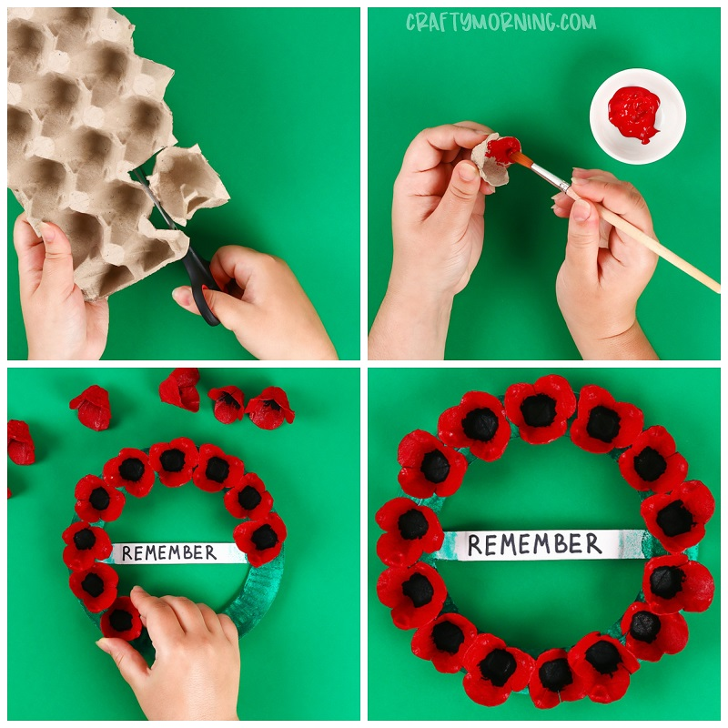 Anzac Day crafts - egg carton poppy wreath